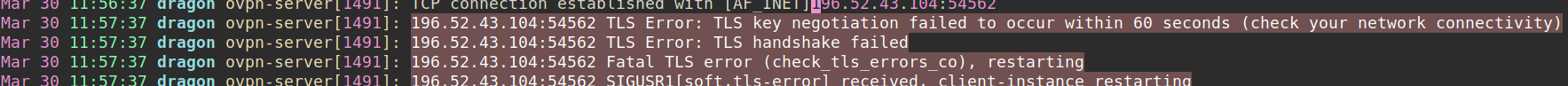 Screenshot of syslog showing failure in HTTPS handshake